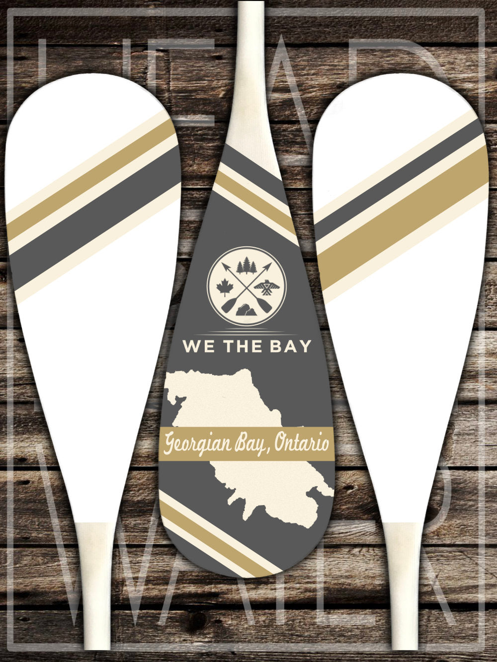 "Map of Georgian Bay" Decorative Set of 3 Canoe Paddles - GREY & GOLD