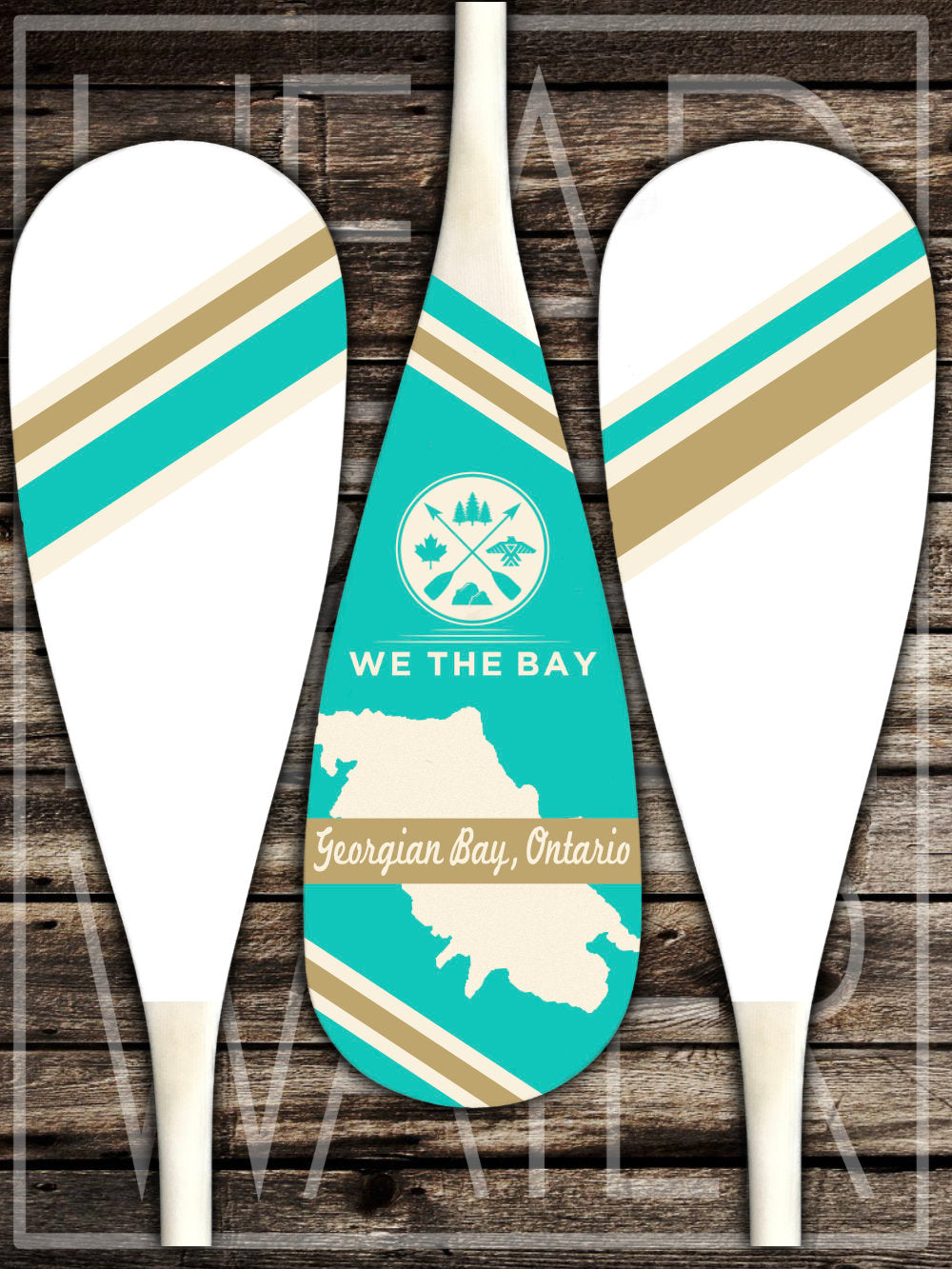 "Map of Georgian Bay" Decorative Set of 3 Canoe Paddles - TURQUOISE & GOLD