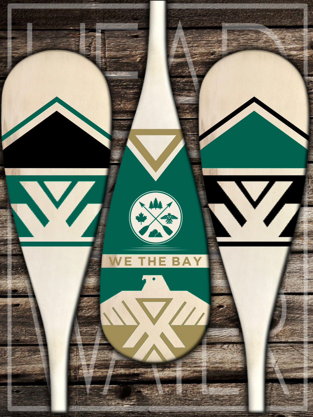 “Thunderbird” Decorative Set of 3 Canoe Paddles - EMERALD & GOLD
